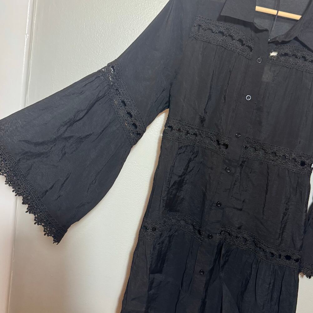 NWT Women's Size L Black Elan Eyelet Lace Bell Sleeve Button Down Cover Up Dress - Picture 4 of 9